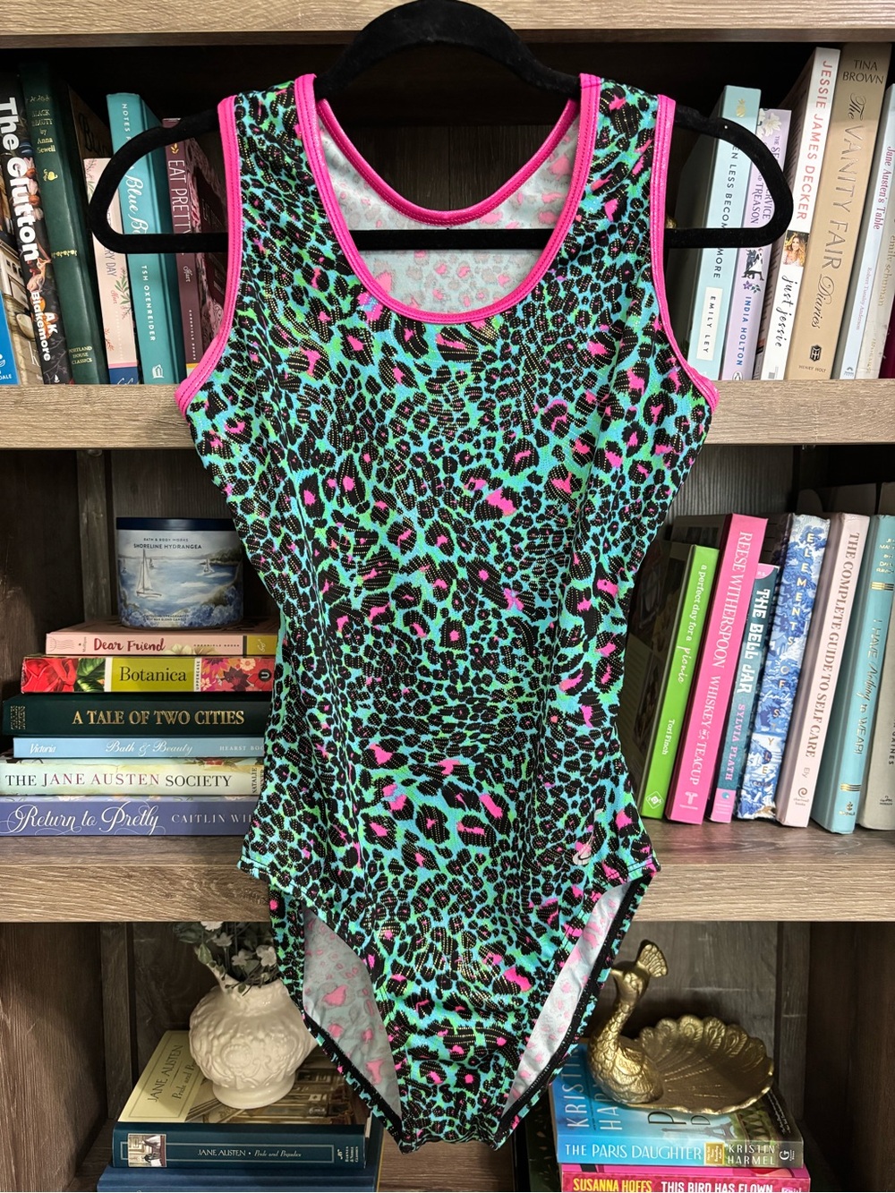 Gymnastics Leotard- Neon Leopard in Turquoise & Hot Pink, Size 170